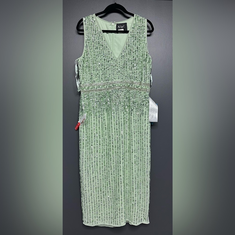 NWT Mac Duggal 70267 Sequined Sleeveless V-Neck Midi Sheath Dress Sage 12 - Picture 5 of 9